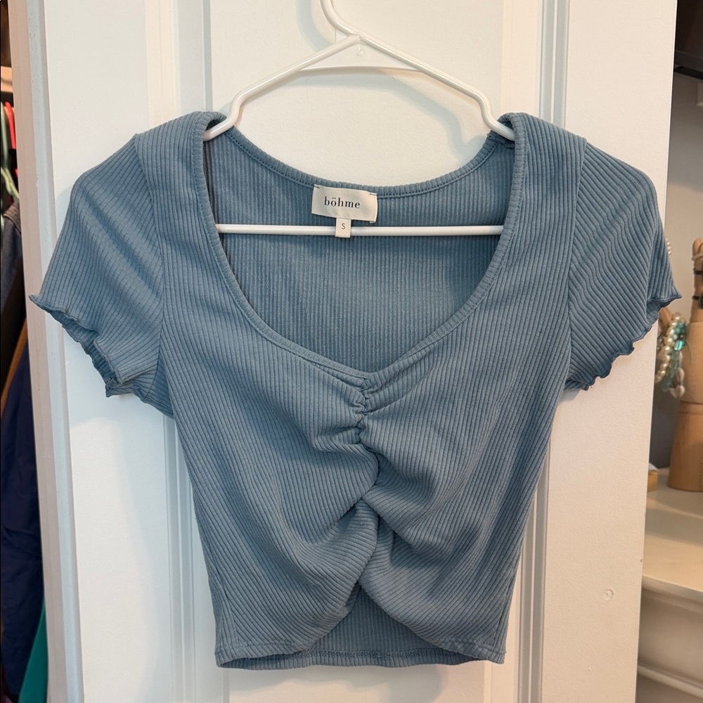 bohme Dusty Blue Ribbed Twist-Front Crop Tee